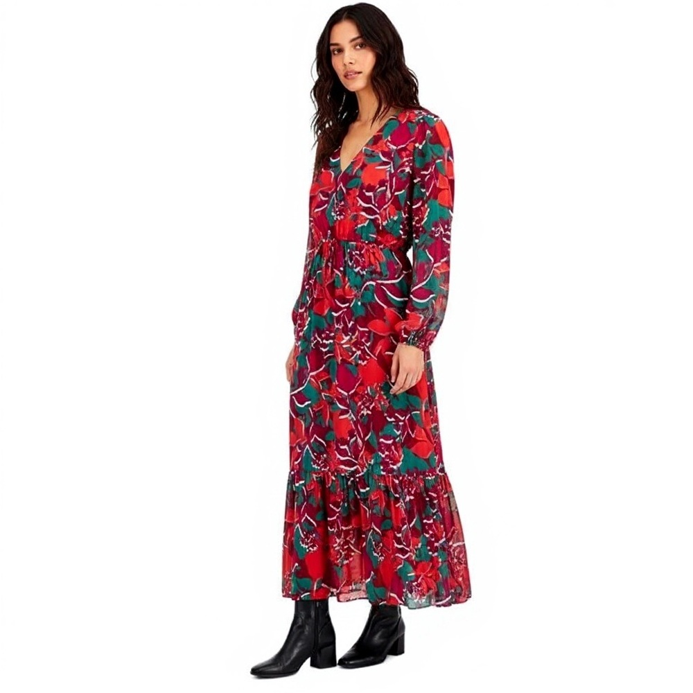 BarIII Floral V-Neck Dress shadow shine maxi dress chiffon long sleeve size sm